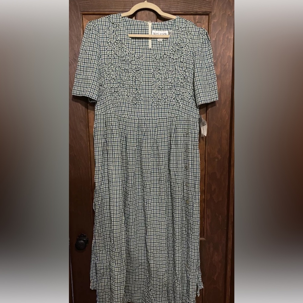 VINTAGE 1997 WOMEN’S PLAZA SOUTH DRESS SIZE 14 COTTAGE CORE NEW Green Plaid